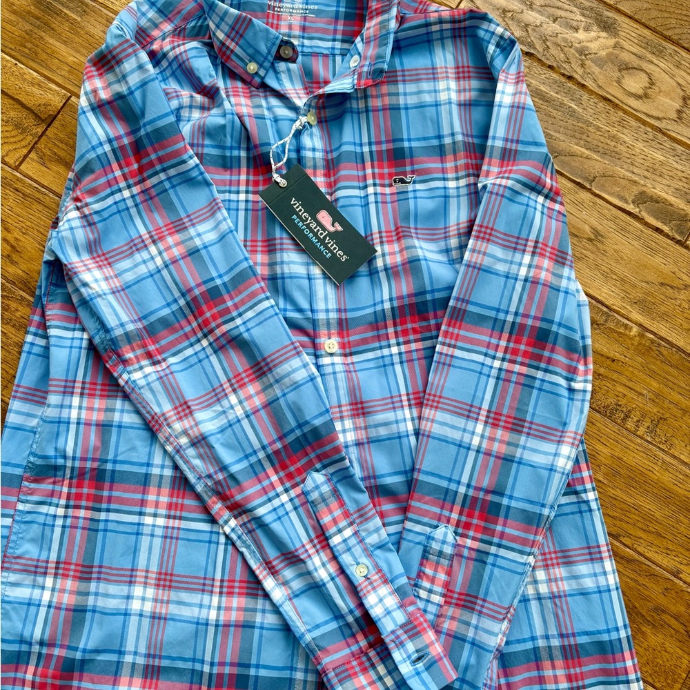 Vineyard Vines Boy’s Casual Blue and Red Plaid Shirt